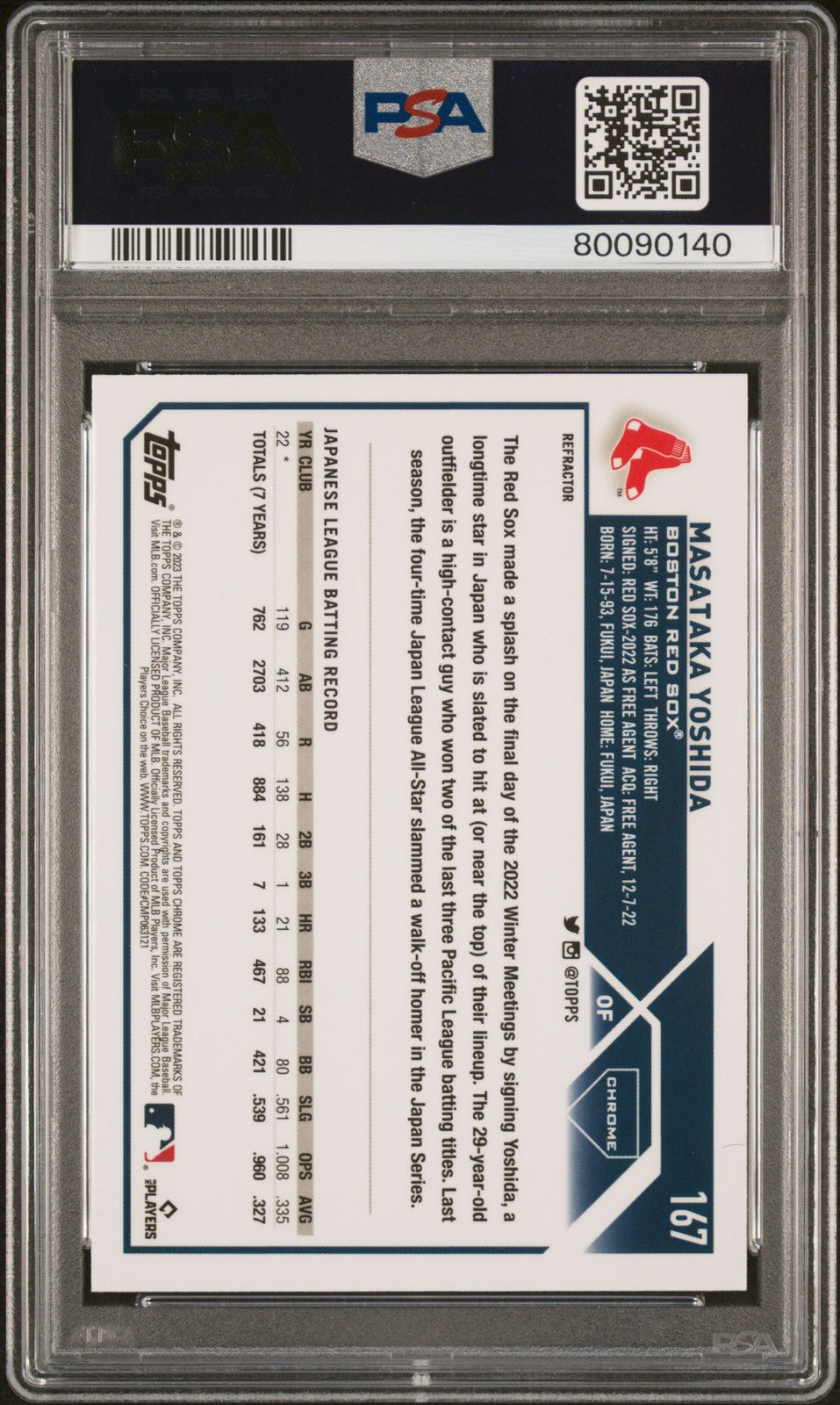 2023 Topps Chrome Masataka Yoshida #167 Refractor PSA 9