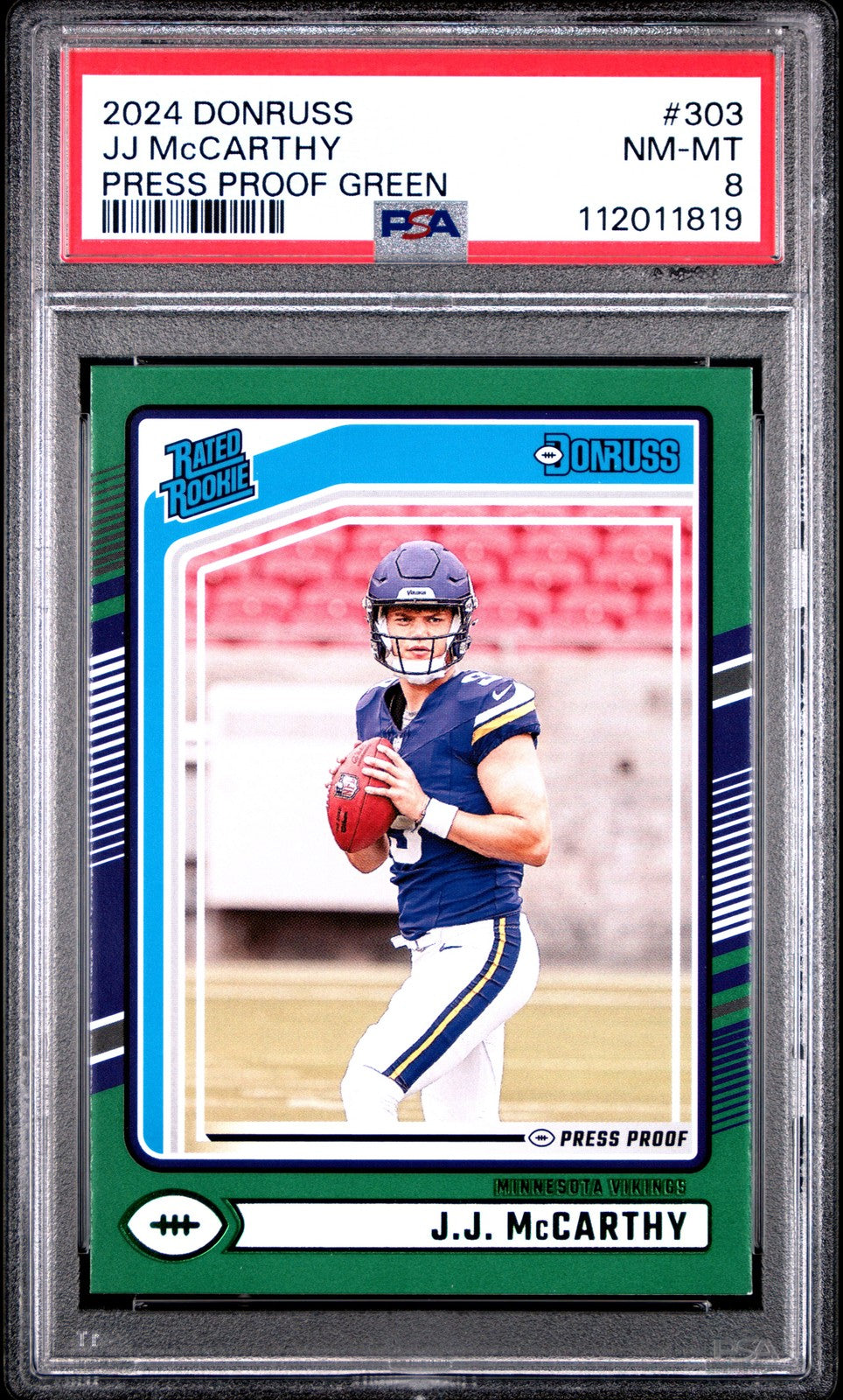 2024 Panini Donruss JJ Mccarthy #303 Press Proof Green PSA 8