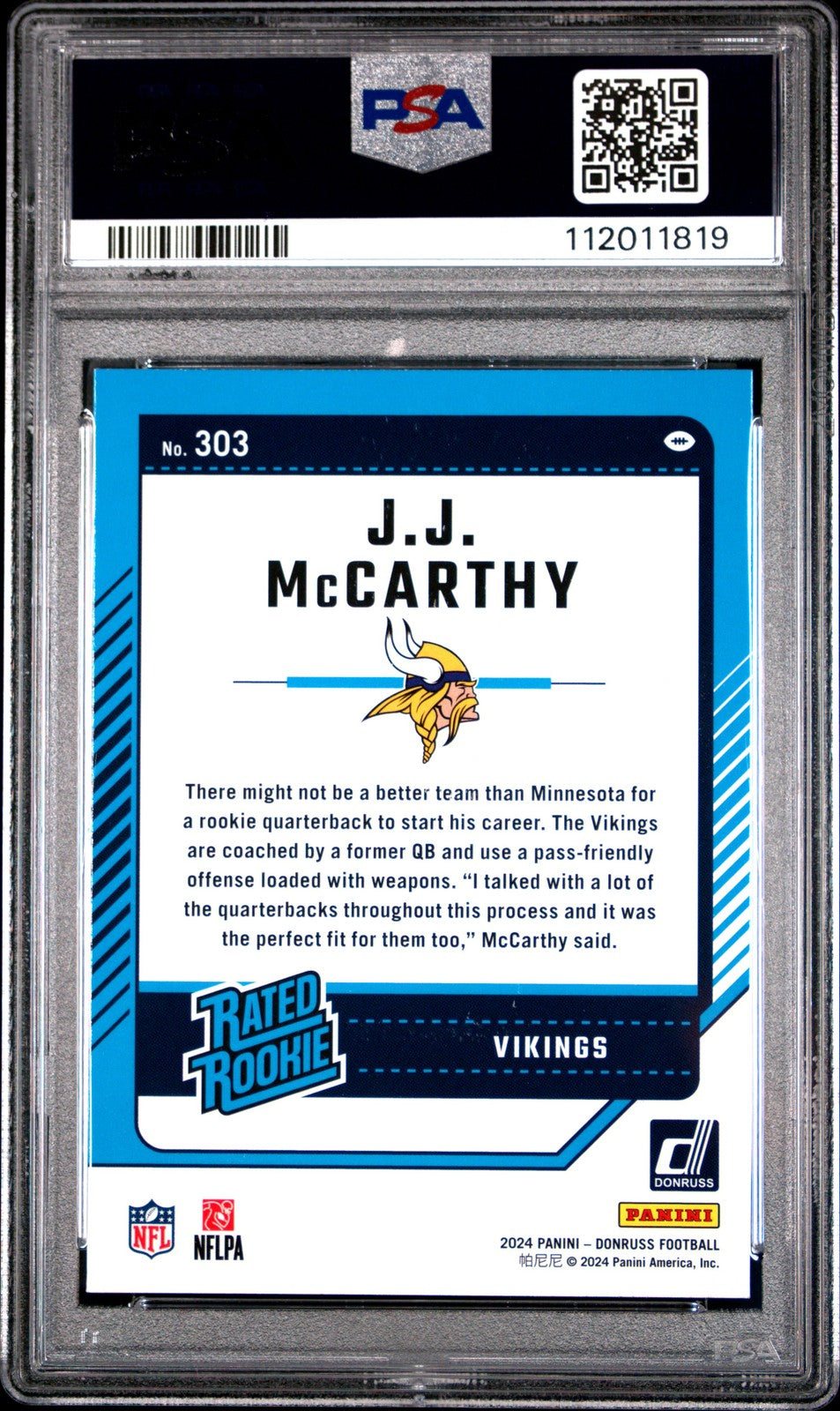 2024 Panini Donruss JJ Mccarthy #303 Press Proof Green PSA 8