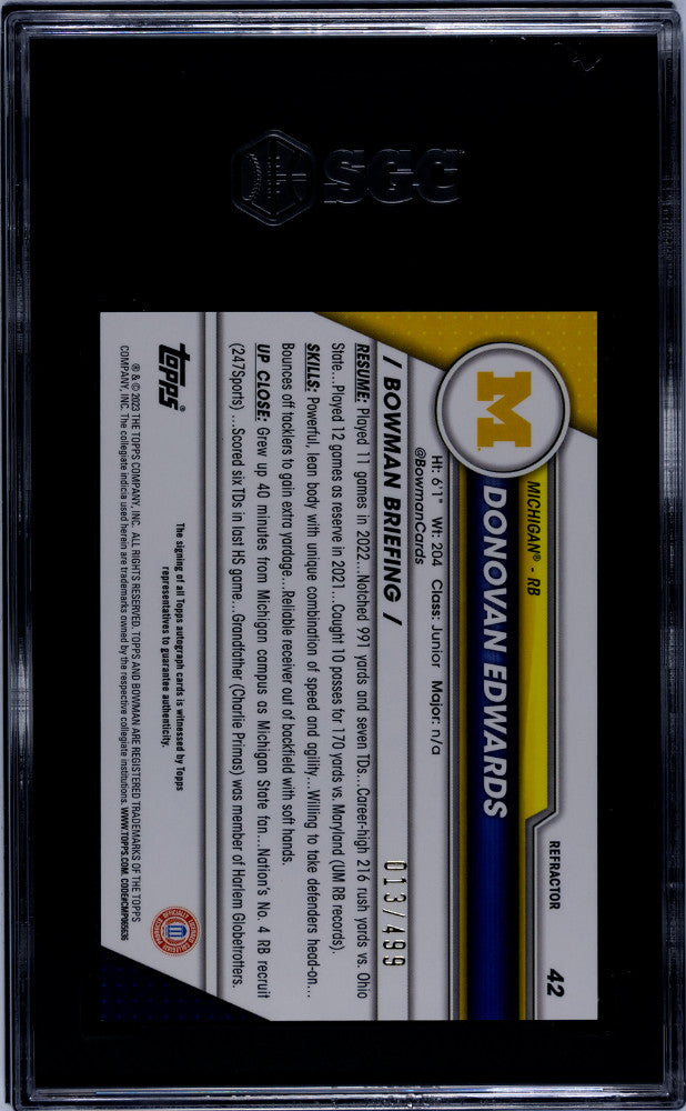 2023 Bowman U Chrome Donovan Edwards #42 Autograph Refractor SGC 9.5 Auto 10