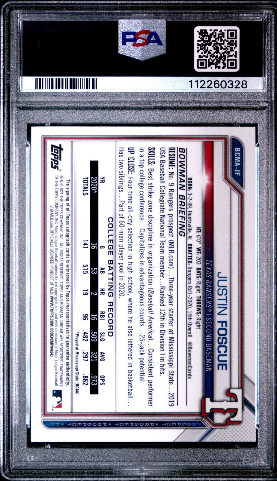 2021 Bowman Chrome Mega Box Autographs Justin Foscue #BCMA-JF PSA 10